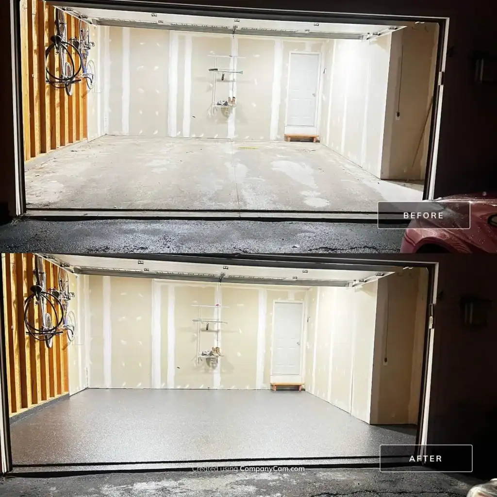 epoxy-garage-floor-north-chili-ny-install-process Before and after garage floor concrete surface prior to epoxy coating in Chili Gates and Rochester NY