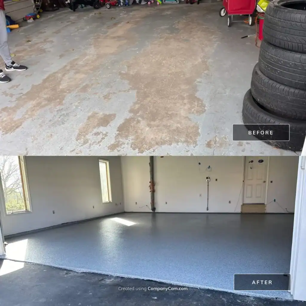 garage-floor-coating-fairport-ny-blue-flake-before-and-after Before and After full chip epoxy garage floor coating installation in Fairport NY with flake system finish