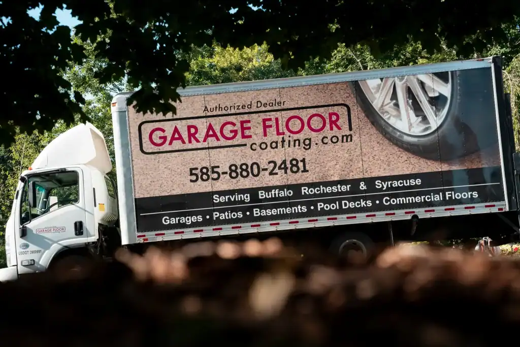 polyaspartic-coated-steps-rochester-ny-finish Garage Floor Coating company truck servicing Rochester Greece Irondequoit and Webster NY residential projects